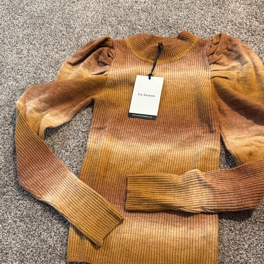 En Saison Ombre Ribbed Puff-Sleeve Sweater in Burnt Gold and Rust